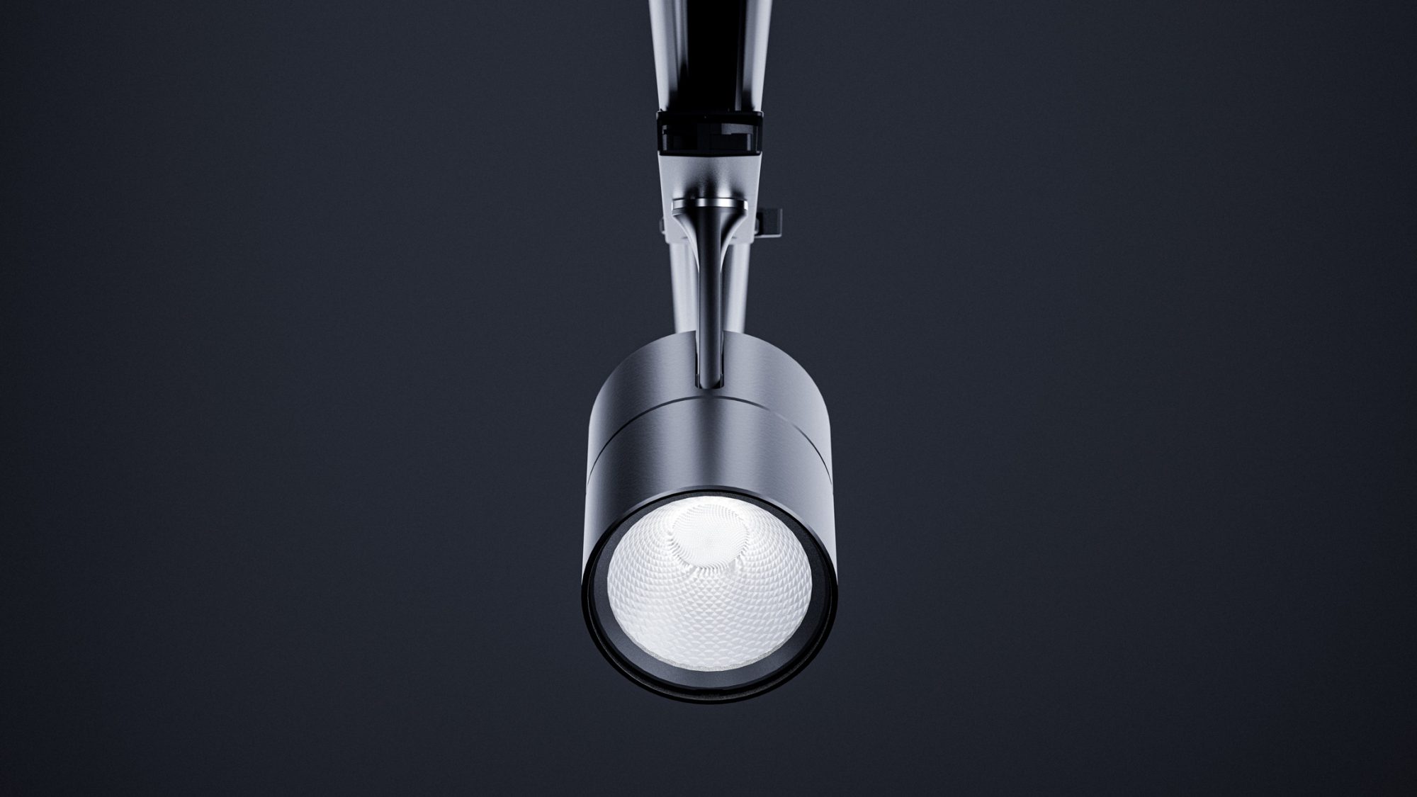 Encore 80 track spotlight in black, showcasing advanced lens optic technology.