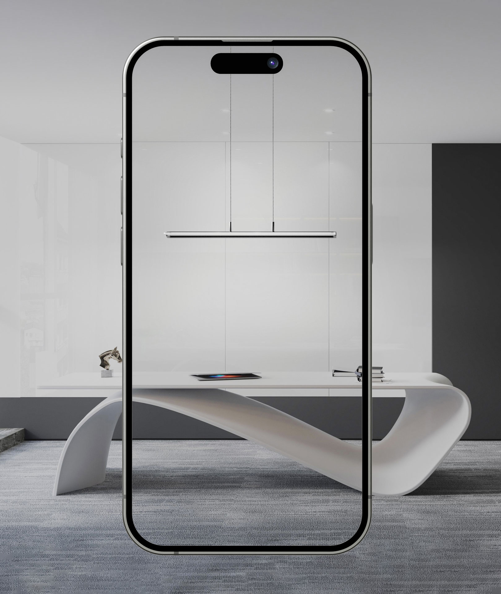 an iPhone held up in an office space, visualising Hacel's edj pendant over the desk, using Hacel's brand new augmented reality tool.