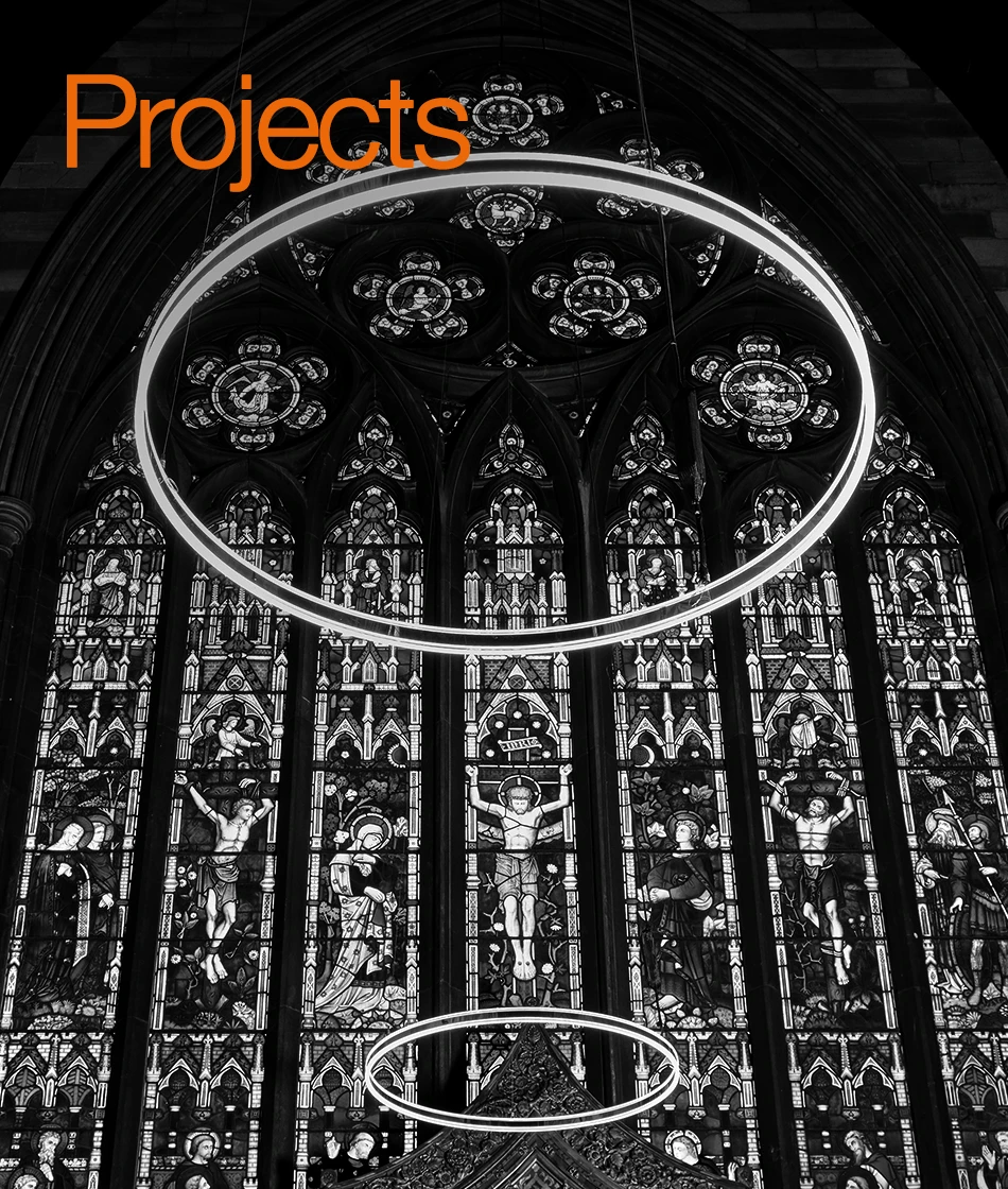 Black and white exterior shot of church interior with Hacel Halo luminaires inside