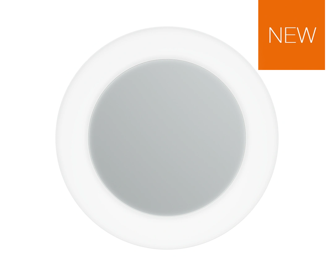 Exolus wall light with a grey powder-coat finish with an orange box in the corner with white text that says 